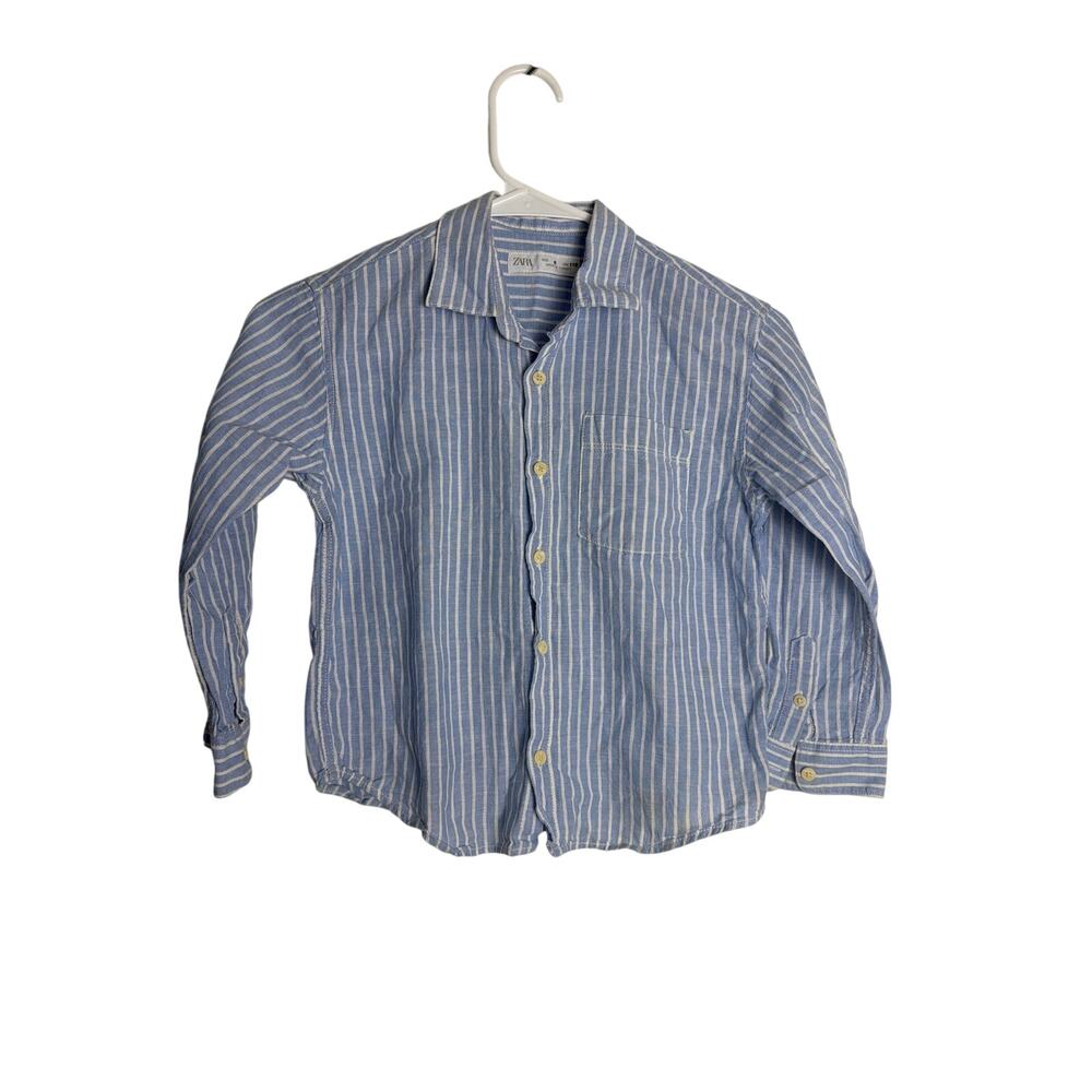 Zara Kids Boys Size 6 (116 cm) Light Blue White Stripe Button Down Shirt Long